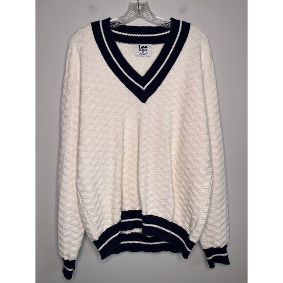 Lee Sport Other - 1990s Lee Sport Cream Navy Blue Varsity Tenniscore Prep Country Club Sweater L
